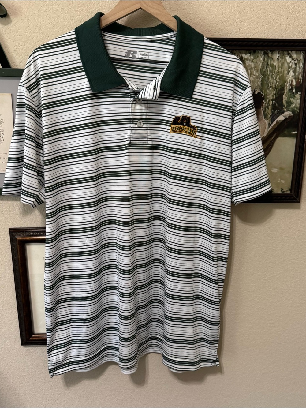 RUSSELL | Athletic White Polo with Dark Green Stripes and Collar XL